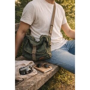 Heavy Duty Canvas Green Crossbody Lunch Bag Zipper Leather Trim